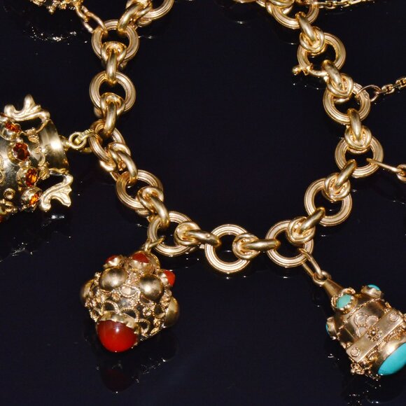 Estate Italian Etruscan Solid 18K Gold Citrine Turquoise Charm Fob Bracelet - Picture 5 of 14